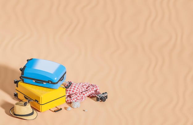 Yellow and blue suitcase with travel accessories on sand background Summer travel concept3d model and illustration