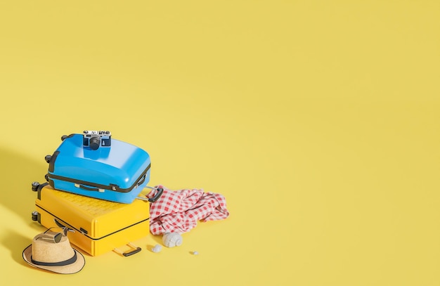 Yellow and blue suitcase with travel accessories on yellow background summer travel concept3d model and illustration