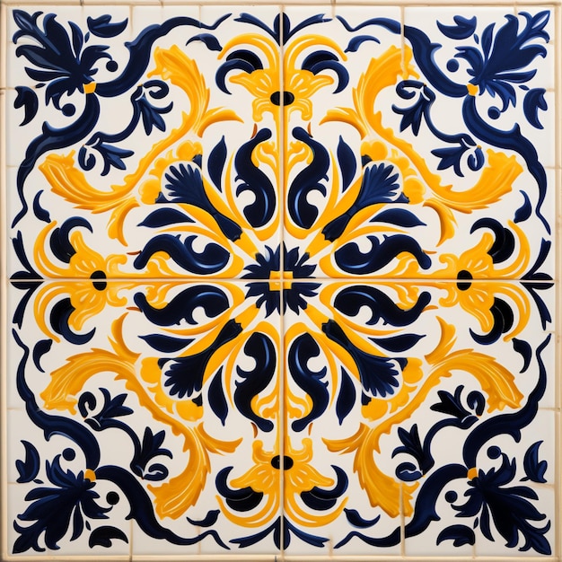 yellow and blue tile with a floral design on it generative ai