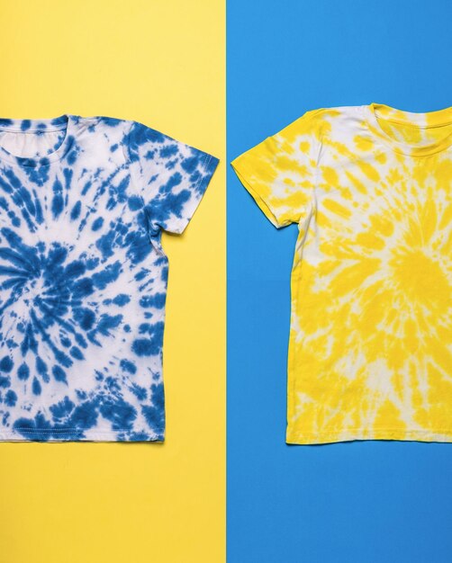 Yellow and blue tshirts painted in tie dye style on a yellow\
and blue background flat lay