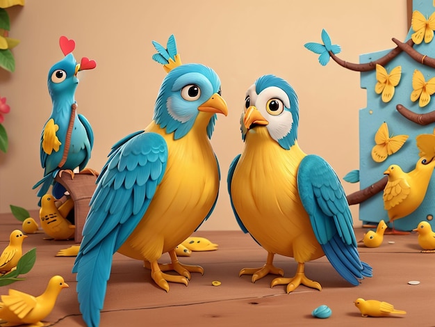 yellow and blue two birds 3d background