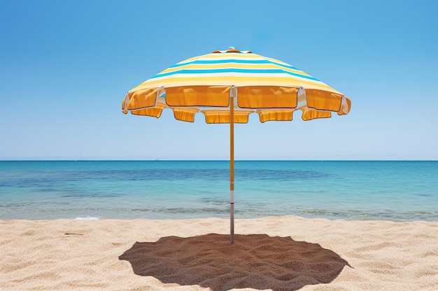 Желтый и синий зонт, сидящий на вершине песчаного пляжа, генеративное изображение ai