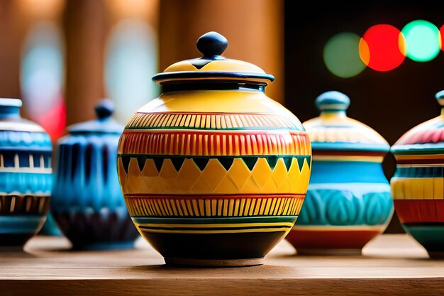 a yellow and blue vase with a red and yellow pattern.