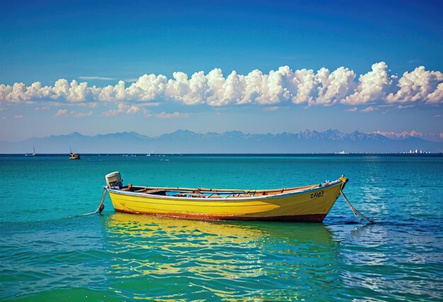 A yellow boat sailing on the sea under a blue sky on a hot summer day