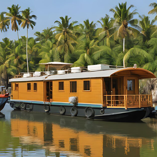 a yellow boat with a white roof and blue trim is docked in front of palm trees
