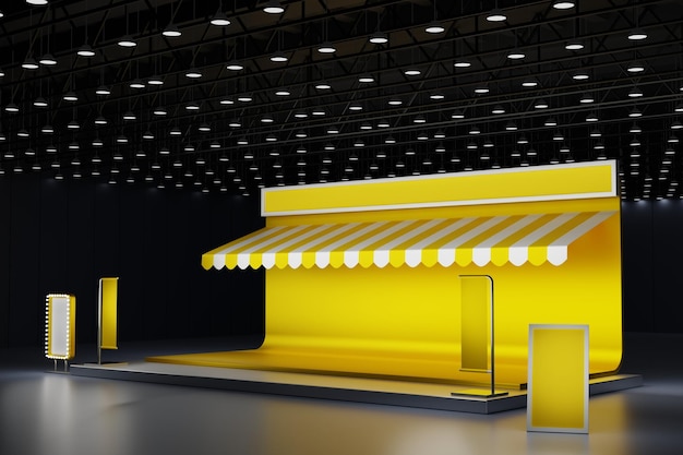 Sistema di stand giallo esposizione stand display mockup template design evento fiera commerciale show 3d render