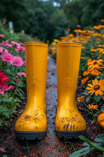 Yellow boots are standing in the summer garden after the rain