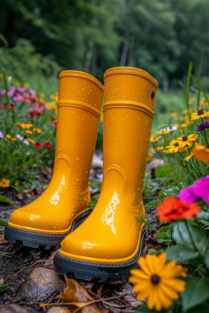 Photo yellow boots are standing in the summer garden after the rain