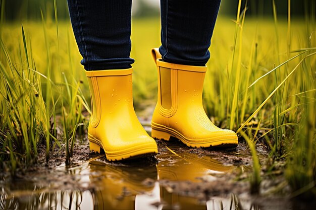 Yellow boots on rainy grass