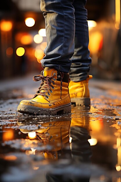 Photo yellow boots reflected