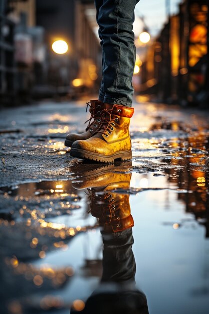 Photo yellow boots reflected