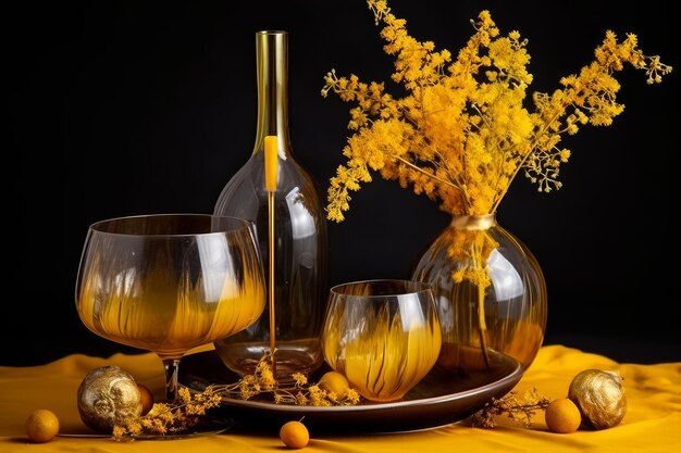 A yellow bottle of mimosa sits next to a vase of flowers.