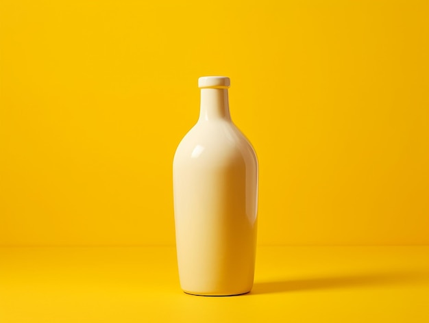 A yellow bottle with a white cap sits on a yellow table.