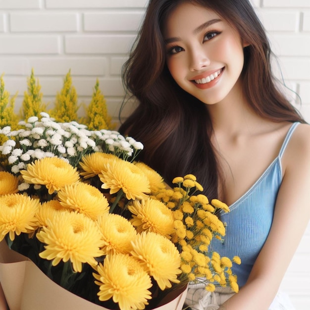 노란색 꽃줄과 파란색 크 을 입은 행복한 아시아 여성