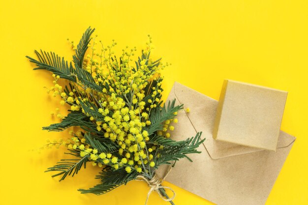 A yellow bouquet of mimosa and a gift box and a kraft paper bag greeting card for international womens day spring festival march 8 easter copy space