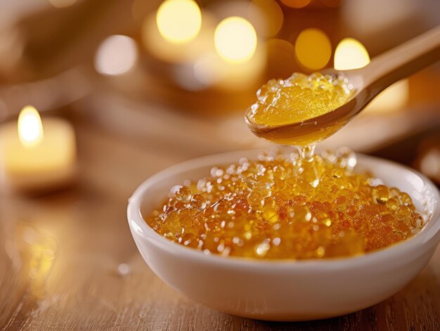 Yellow bowl filled with sweet honey ready for dipping