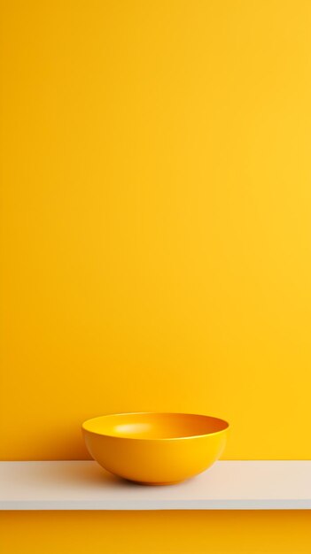 a yellow bowl sitting on a white shelf