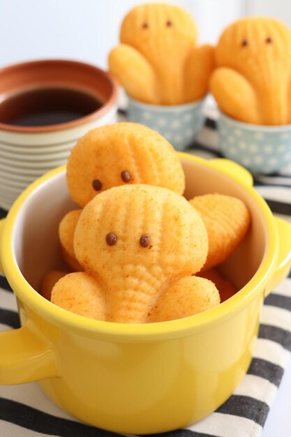 Photo a yellow bowl with cookies in it and a cartoon face on the top