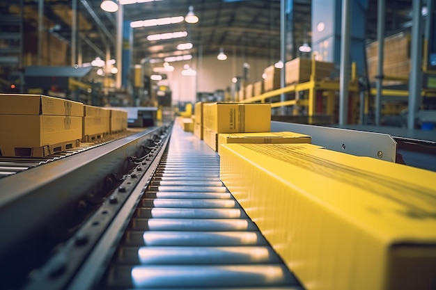 A yellow box is on a conveyor belt in a warehouse.