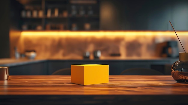 Yellow box sitting on a wooden table in a kitchen