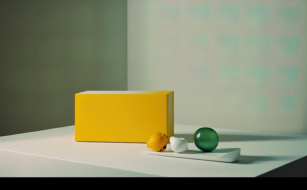 a yellow box with a glass bottle on it
