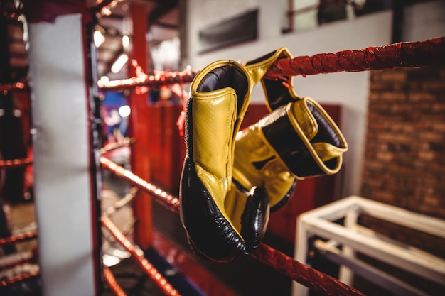 Желтые боксерские перчатки, свисающие с ринга