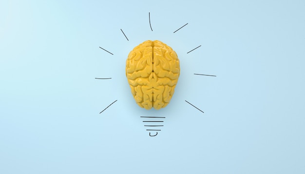 yellow brain on blue clear background, concept light bulb idea with pencil drawing.