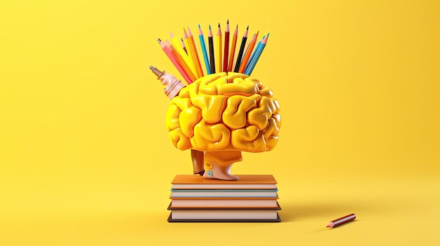 A yellow brain with pencils on top of it.