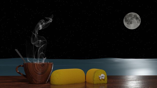 보름달 밤 하늘을 배경으로 해변의 유리 테이블에 바삭한 크림을 얹은 노란색 빵