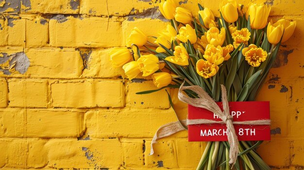 Yellow brick background the painting of a greeting card happy march 8th