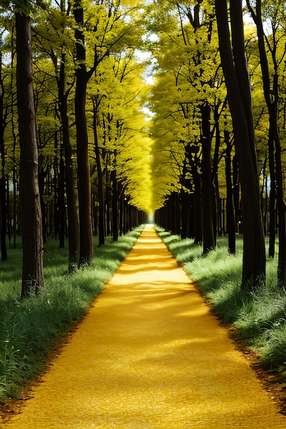 Yellow brick road leading through a forest