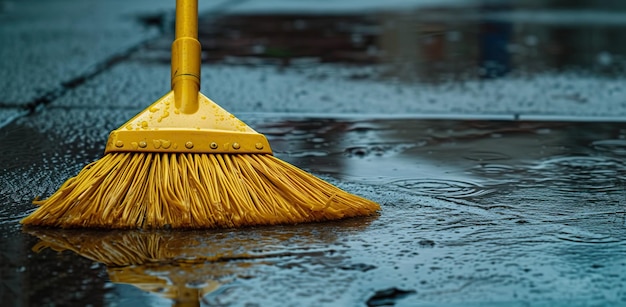 Yellow broom sweeping water on the asphalt The concept of cleaning and refreshing