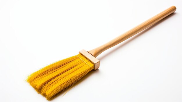 Photo yellow broom with wooden handle on white background