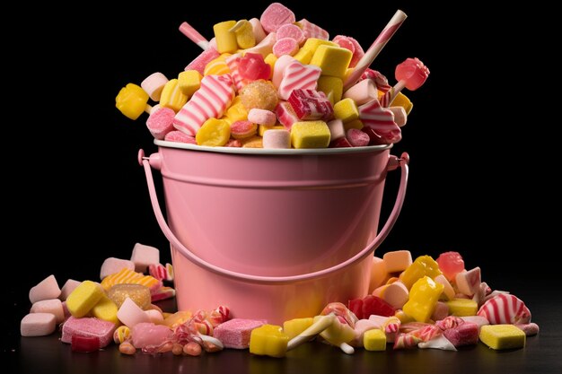 An yellow bucket of pink and yellow sweet confectionery pastila