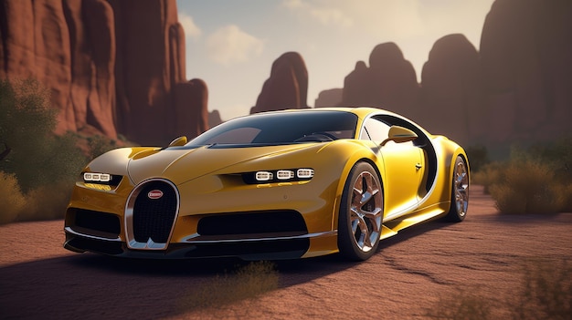 A yellow bugatti veyron car is parked in a desert.