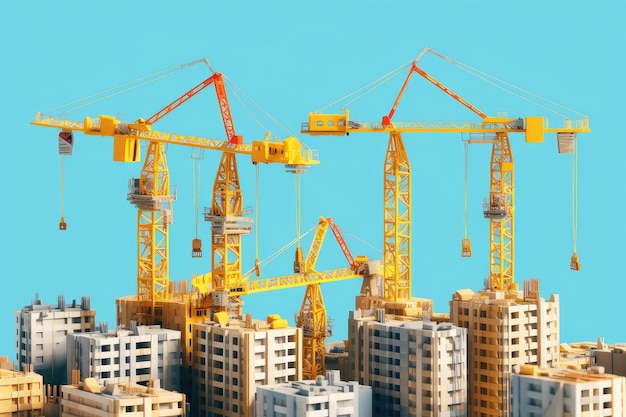Yellow building construction cranes on a blue sky background generative ai