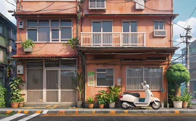 A yellow building with balconies with some plants and a red scooter parked in front and two electric