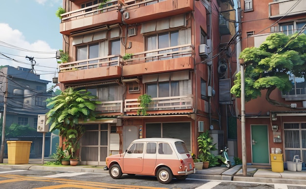 A yellow building with balconies with some plants and a red scooter parked in front and two electric