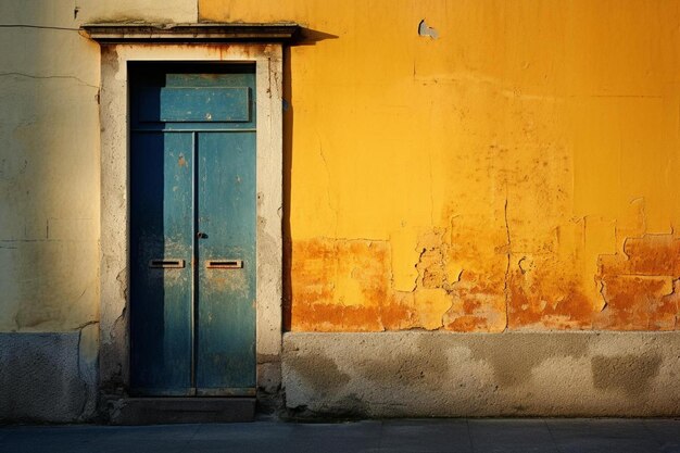 a yellow building with a blue door and a blue door