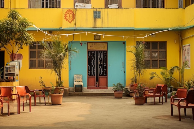 Photo a yellow building with a blue door and red chairs