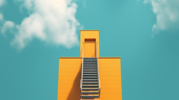 Желтое здание с лестницей, ведущей на вершину.