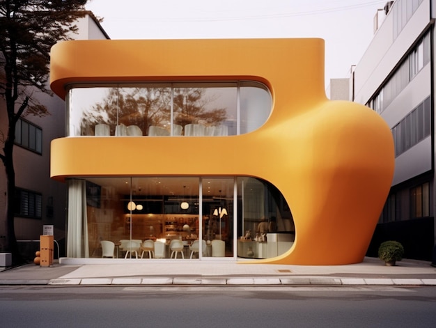 "v"라고 적힌 커다란 주황색 모양의 노란색 건물.