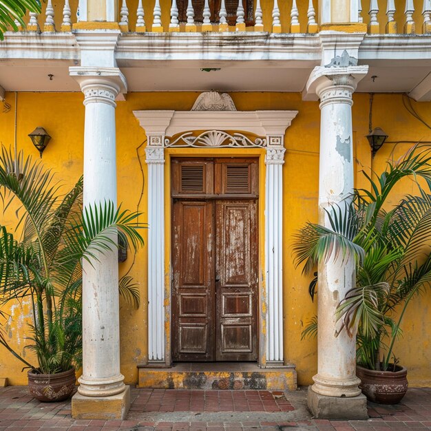 Photo yellow building with large wooden door in french colonial architecture pondicherry
