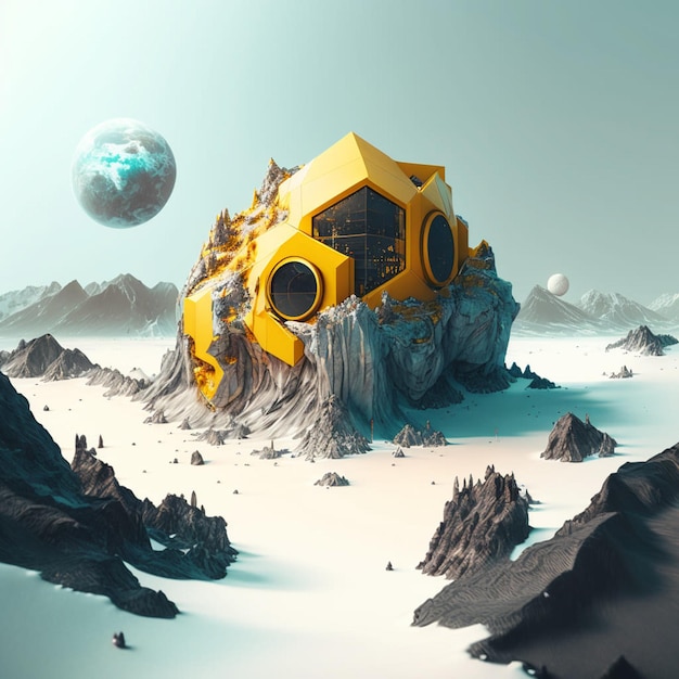 A yellow building with a planet in the background