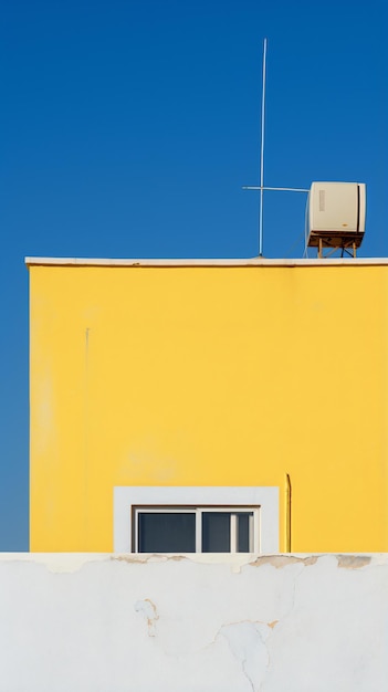 a yellow building with a television on top