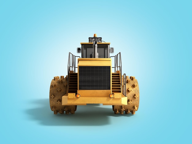 Photo yellow bulldozer back 3d render on blue
