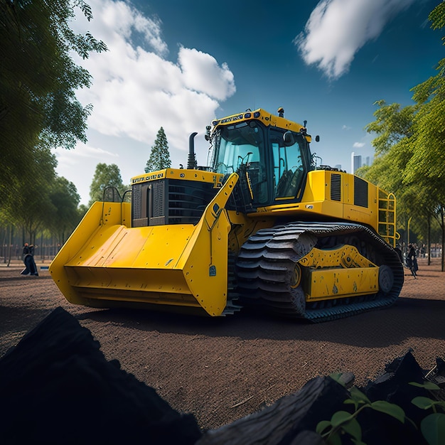 A yellow bulldozer is shown in a park.