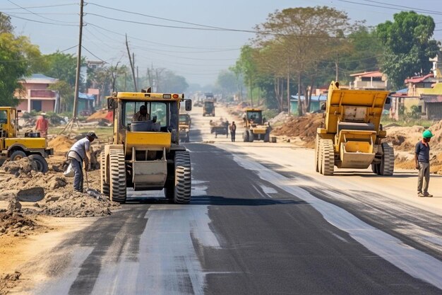 a yellow bulldozer is on the side of the road