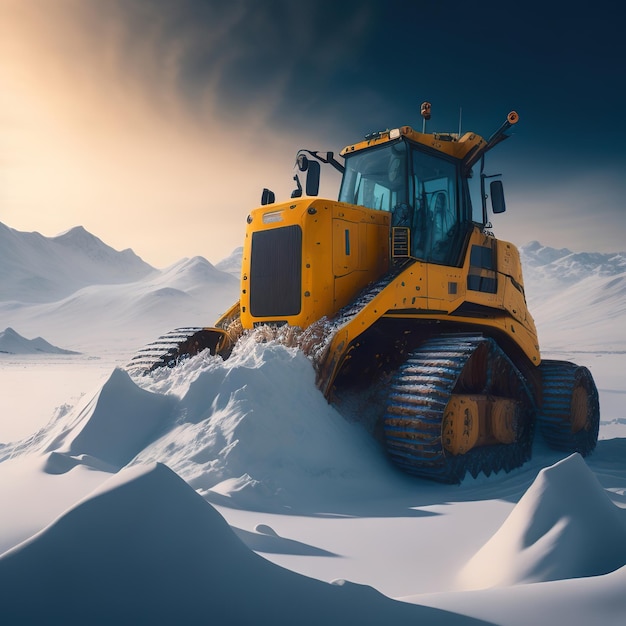 A yellow bulldozer is working on a field snowing on the ground