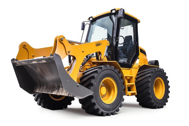 A yellow bulldozer with a black wheel on the front isolated on white